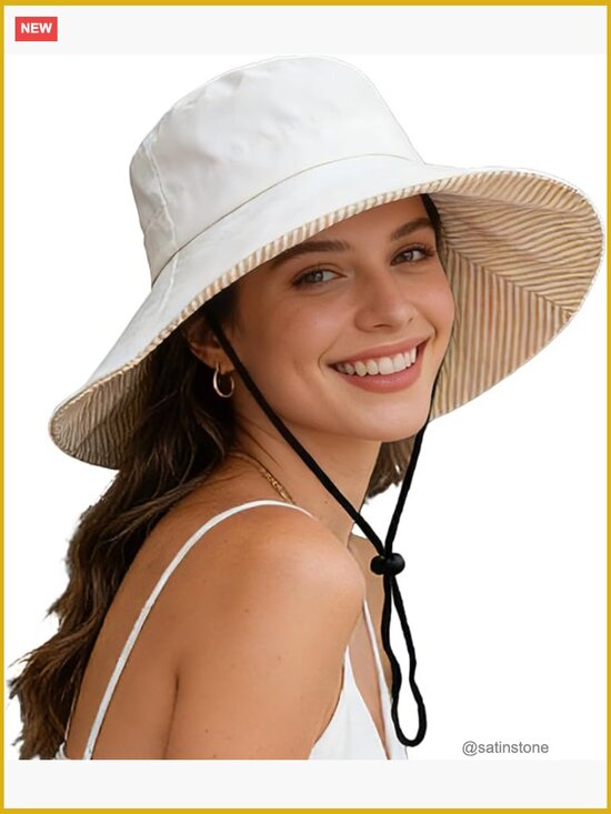 Wide Brim Sun Hat UPF 50+ Foldable Beach Hat with Adjustable Chin Strap for